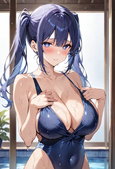 masterpiece, best quality, ultra detailed, sparkling eyes, ((She has a small amount of sperm on her cleavage)), A highly detailed anime-style illustration of a young woman with medium-length, dark blue hair tied in twin tails. She has large, expressive blu...