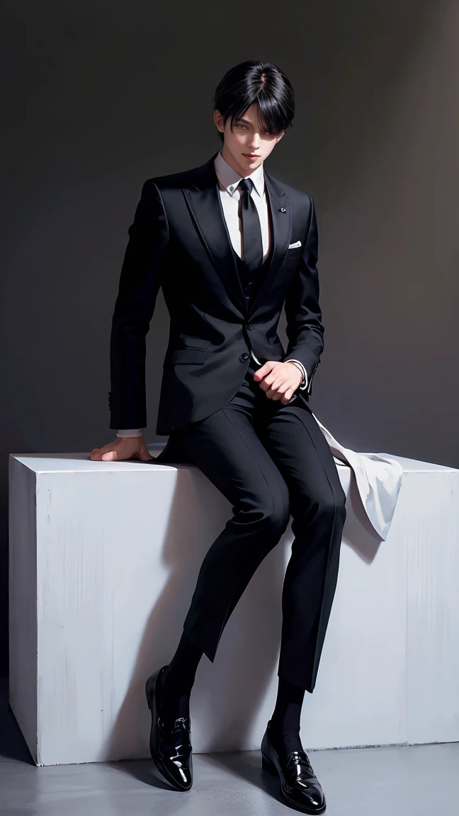 1 man, best quality, masterpiece, realistic, shortcut, white suit, black silk socks, black Oxford shoes, sitting, full body,fit body, super tall