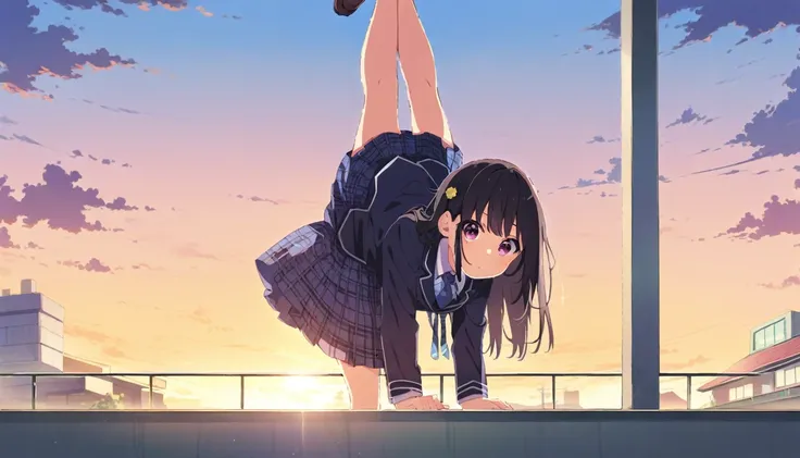 A girl in a blazer uniform, with short black hair, a checkered skirt and brown loafers, doing a handstand from head to toe、In front of the school building at dusk