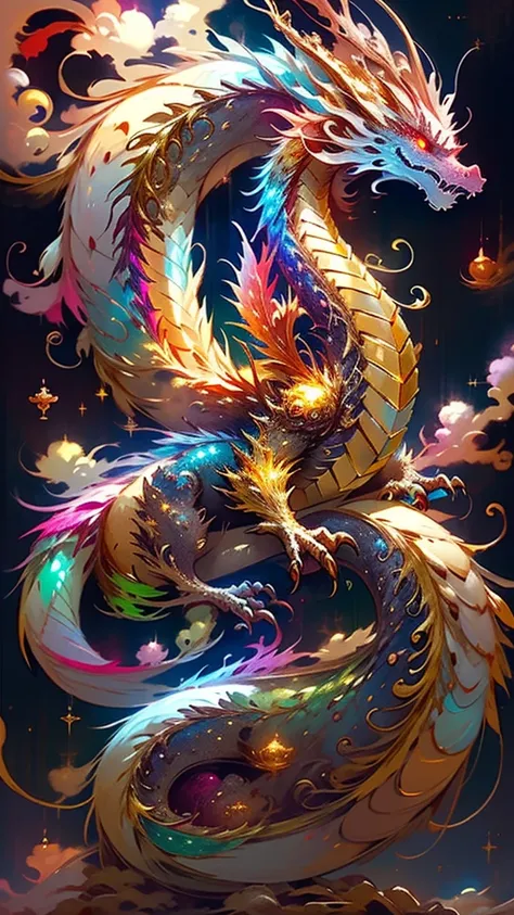 Golden Dragon。Rainbow glowing scales。龍god降臨。Golden Splash、milky way、god々々right、Staring straight ahead、Redbeard、Front facing、Red glowing eyes