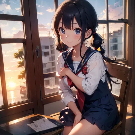 Highest quality, Very detailed, masterpiece, One Girl, Sit on a chair, talk, Smile, 15yo, (low twintails:1.2), Low Pigtails, Black Hair, Long Hair, (Navy blue sailor suit:1.4), Blue ribbon, Long sleeve, School desk, School Chair, classroom, from the front,...