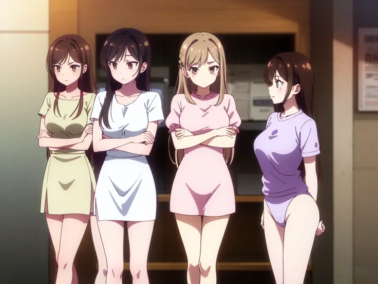 mizuharachizuru, chizuru ichinose, ((long hair)), bangs, brown hair, (brown eyes:1.5), one side up, smile, (clonealike:2), 5+girls, multiple identical girls, large breasts, thighs, shiny legs, 
BREAK skirt, shirt, short sleeves, puffy sleeves, puffy short ...