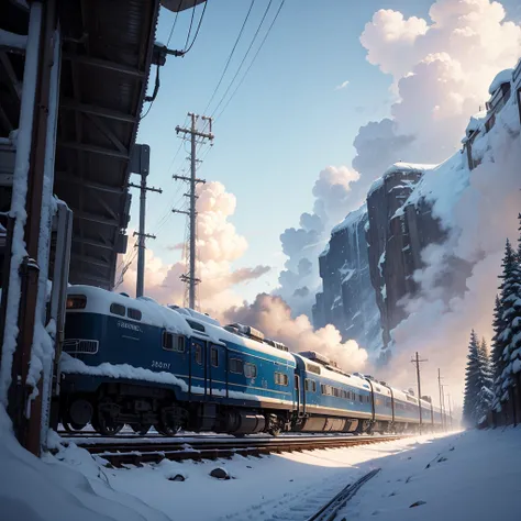 There is a train running along the tracks in the snow, Makoto Shinkai&#39;s concept art, tumblr, magic realism, beautiful anime scenes, cosmic sky. by makoto shinkai, ( ( makoto shinkai ) ), anime background art, anime backgrounds, Makoto Shinkai&#39;s sty...