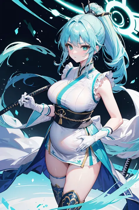 4K,high resolution,A woman,Light blue hair,Long Ponytail,Weaving,Green Eyes,Large Breasts,warrior,白色のwarriorの鎧,Maid uniform,sleeveless,Long white gloves,White boots,black,Japanese sword，Pregnant