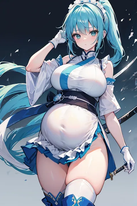 4K,high resolution,A woman,Light blue hair,Long Ponytail,Weaving,Green Eyes,Large Breasts,warrior,白色のwarriorの鎧,Maid uniform,sleeveless,Long white gloves,White boots,black,Japanese sword，Pregnant