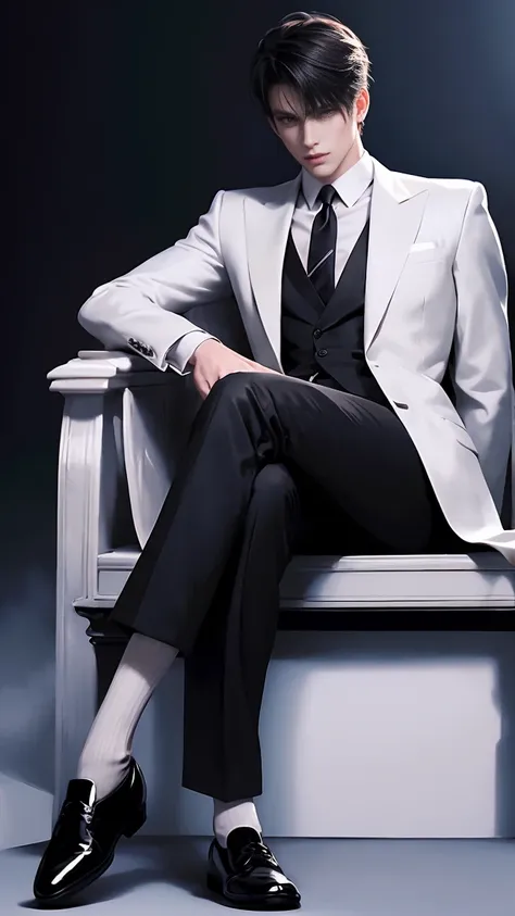 1 man, best quality, masterpiece, realistic, shortcut, white suit, black silk socks, black oxford shoes, sitting, full body,fit ...