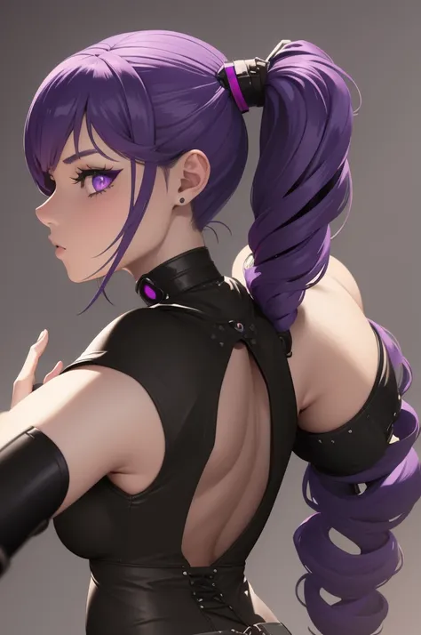 (masterpiece, best quality: 1.2), une fille, in profile, very detailed face, cyberpunk, purple eyes, black har, hairstyle with pigtails, vulgar, sexly, collant noirs, Jupe moulante, beautiful breasts, beau cul rebondi, wide hip