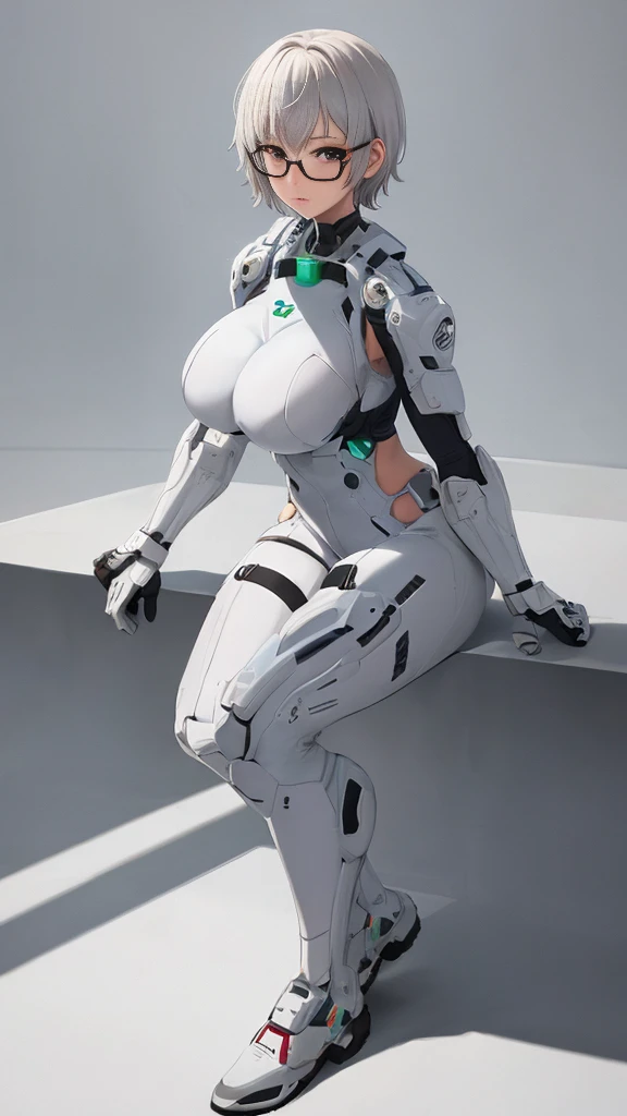 (one anime girl, glasses, white short hair, huge breasts, white futuristic suit, watching on viewer, in a shy pose), ((white background)),(((in full growth,full body)))