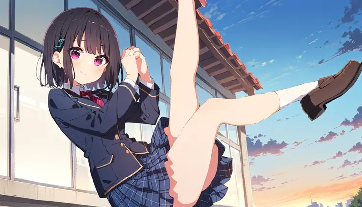 A girl in a blazer uniform, with short black hair, a checkered skirt and brown loafers, doing the M-leg split, from head to toe、In front of the school building at dusk