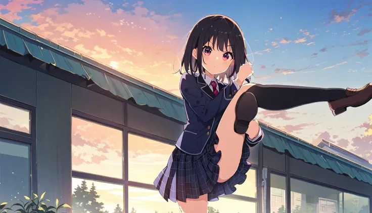 A girl in a blazer uniform, with short black hair, a checkered skirt and brown loafers, doing the M-leg split, from head to toe、In front of the school building at dusk