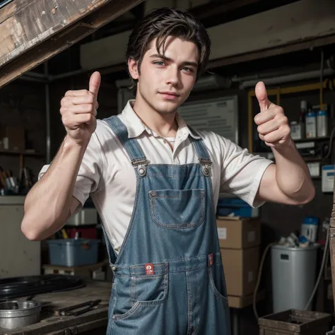 
"Create an image of a man doll with the profession of mechanic. The man doll must be wearing typical mechanic work overalls, with grease stains, and must be giving a thumbs up with one hand. Facial expression should be friendly and confident."
