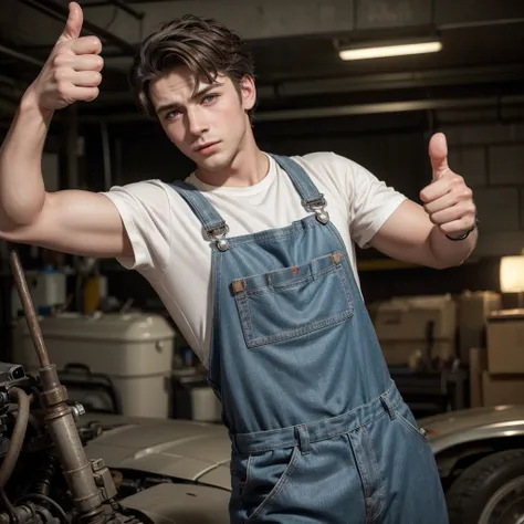 
"Create an image of a man doll with the profession of mechanic. The man doll must be wearing typical mechanic work overalls, with grease stains, and must be giving a thumbs up with one hand. Facial expression should be friendly and confident."
