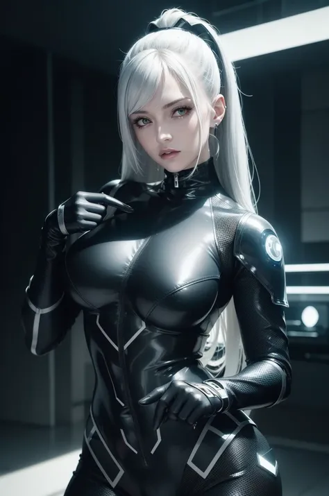 photorealistic, high resolution, soft light,1women, solo, hips up, (detailed face), silver hair, Black leather costume, cyberpunk glossy latex suit, Leather Costume Bodysuit, Cyberpunk Bodysuit,Cyberpunk Bodysuit、skintight black clothes, Black latex, Black...