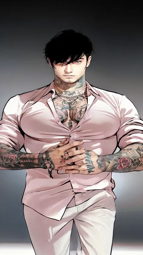 He has short, dark messy hair with bangs covering one eye. The man is wearing a light pink or pale rose-colored button-up shirt, partially unbuttoned to reveal extensive tattoos covering his chest and neck. His arms are also heavily tattooed, and he has ta...