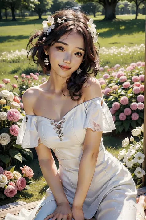 Best quality, masterpiece, ultra high res, (photorealistic:1.4), raw photo, 1girl, white dress, off shoulder, blossom flower field, glowing skin, light smile