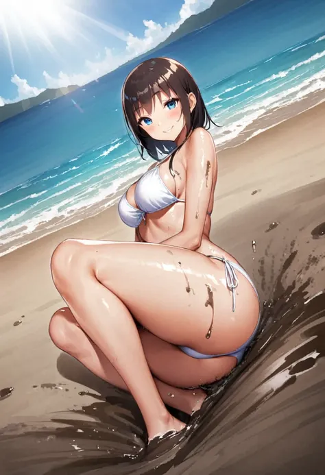 Quagmire、legs covered in mud、White bikini tiny swimsuit、Thighs、Butt、Dynamic Angle、Seaside、Sandy Beach、Beach、Baby Face、smile、sunlight、Both eyes open
