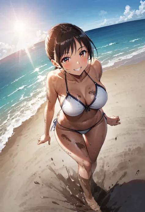 Quagmire、legs covered in mud、White bikini tiny swimsuit、Thighs、Butt、Dynamic Angle、Seaside、Sandy Beach、Beach、Baby Face、smile、sunlight、Both eyes open
