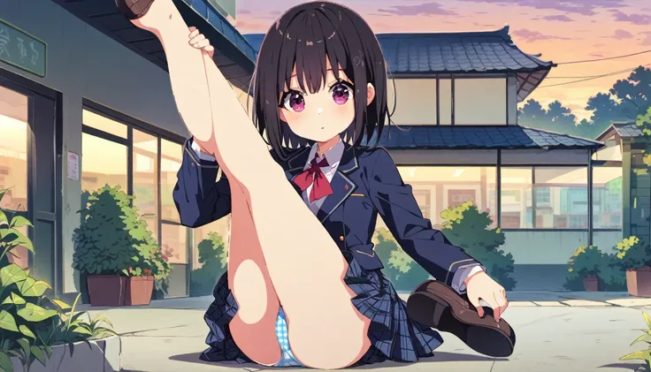 A girl in a blazer uniform, with short black hair, a checkered skirt, brown loafers and floral panties, doing an M-shaped split, from head to toe、In front of the school building at dusk