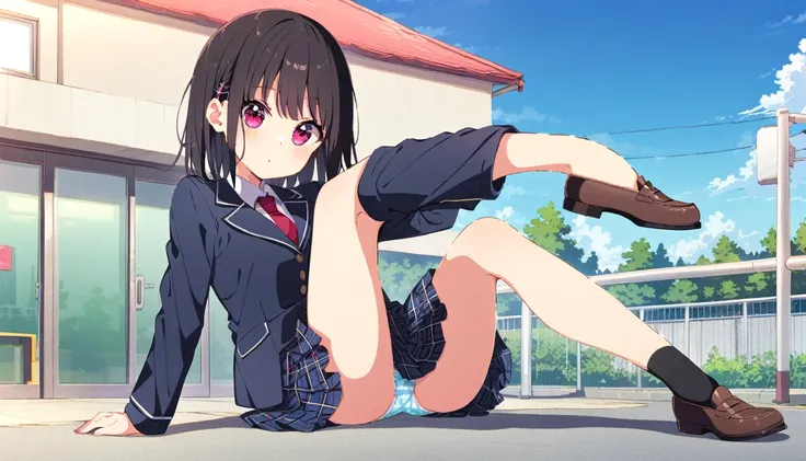 A girl in a blazer uniform, with short black hair, a checkered skirt, brown loafers and floral panties, doing an M-shaped split, from head to toe、In front of the school building at dusk