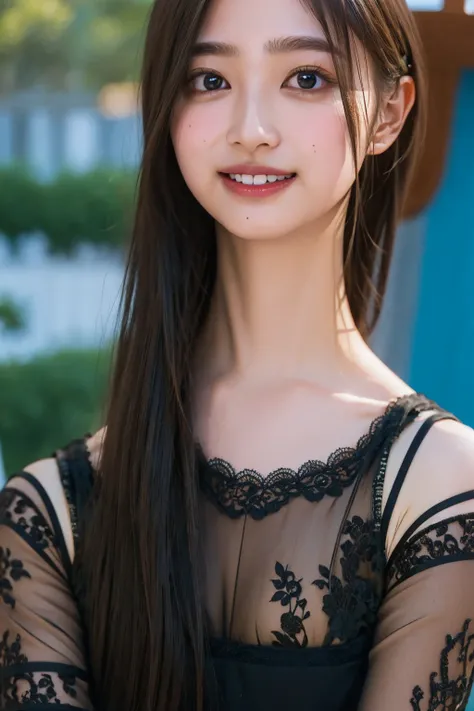 (((upper body shot))),Ultra-high resolution,big eyes,((brown eyes)),Japanese,(forehead),(a girl),(1 girl),((17 years old)),(cute),pretty,((facing at viewer)),arms behind back,grin,(((black lace clothes)))