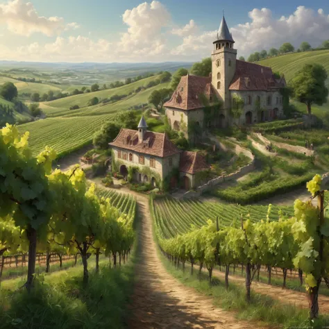 ((best quality)), ((masterpiece)), ((realistic,digital art)), (hyper detailed), (large vineyard), ground view, (medieval fantasy style)