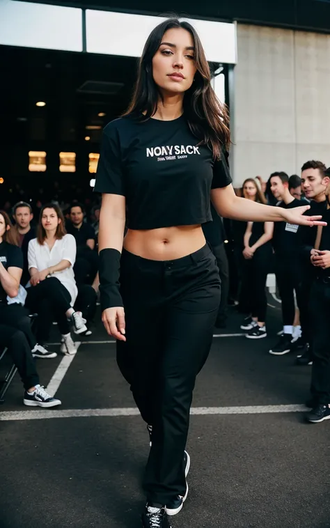 Realistic photo of woman in black shirt and pants at a show 
