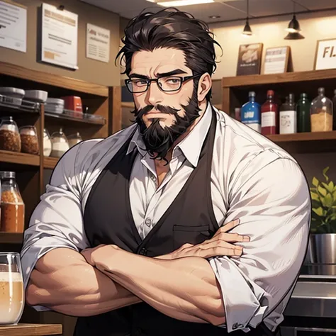 1 male, dilf, 45 years old, bara, wrinkles, glasses, big guy, muscles, black hair, some beard, office uniform, blushing, cafeteria background, barista, white hairs