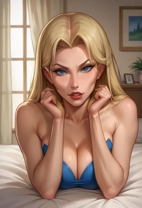 score_9, score_8_up, score_7_up, source_cartoon, BREAK 1girl, solo, Supergirl (DCs Justice League Unlimited, DCAU), looking at viewer, parted lips, mature woman, hair tie, hot, posing in her bedroom, model poses, midshot.