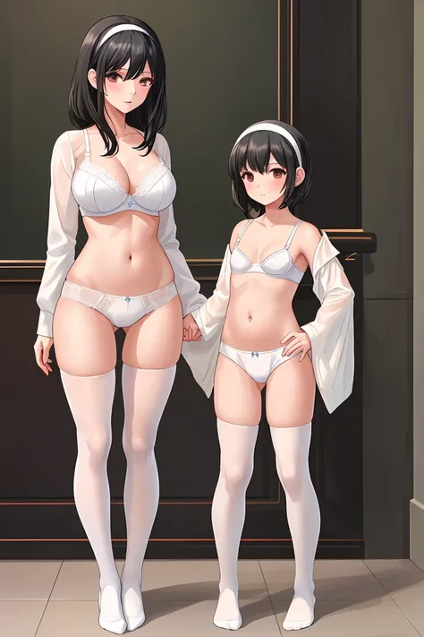 Mother and daughter　Height difference　Black Hair　Shortcuts　hair band　White bra　White panties　White tights　living