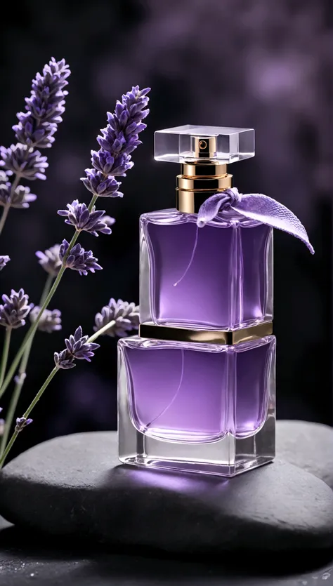 perfume with lavender flower, stylish perfume, man perfumes, perfume stands on a stone, stylish perfume, strict aura, blurred background, dark background