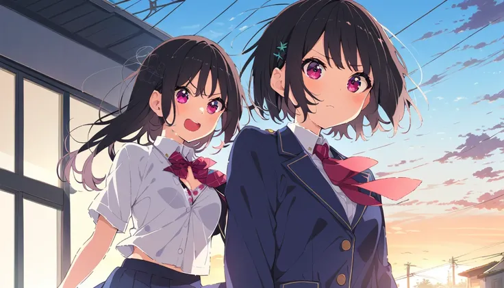 A girl in a blazer uniform, with short black hair, floral bra and floral panties, running with a blushing face, from head to toe、In front of the school building at dusk