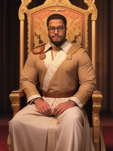 crew cut, (((full body))), mature man, [slightly fat], asian man, brown eyes, rounded face, glasses, slightly balding, (big shoulders), (((stubbles, Short beard))), (((full beard))), (Beautiful eyes:1.3), (Detailed face:1.3), king costume, in the royal pal...