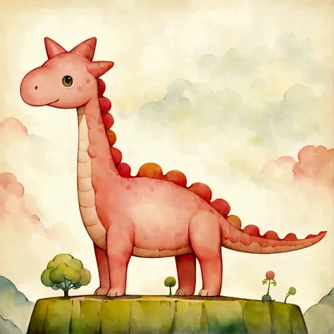 An illustration,pink dinosaur,cute illustration,surreal,artwork,Expressively,This is an illustration that looks like a picture book illustration.,draw with thick lines,Please draw with a gentle touch,Draw with pencil and watercolors,Gabriel Pacheco Style p...