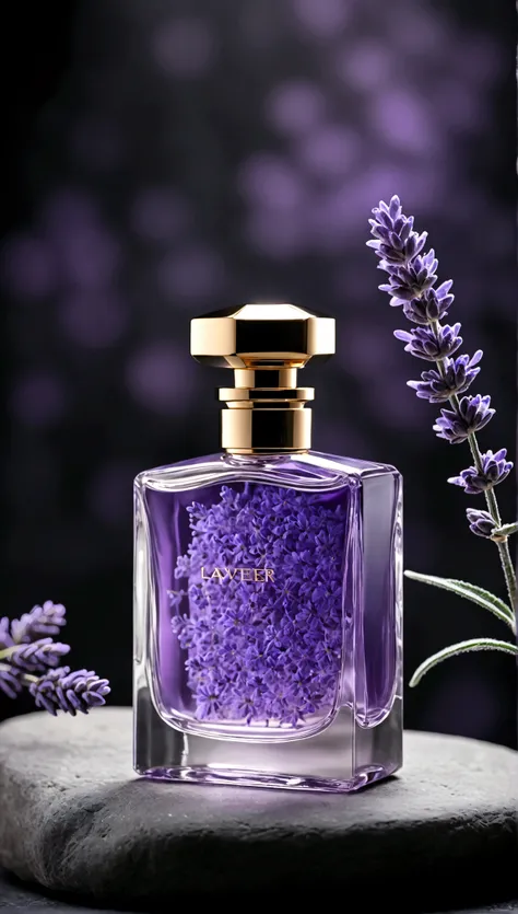 perfume with lavender flower, stylish perfume, man perfumes, perfume stands on a stone, stylish perfume, strict aura, blurred background, dark background