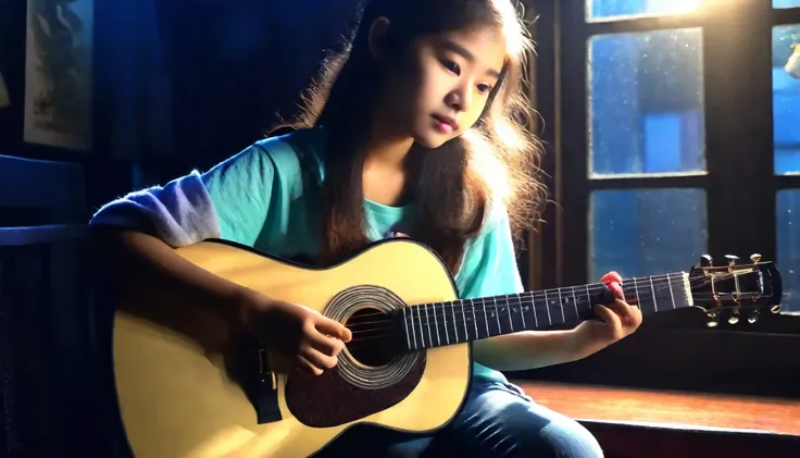 A 15-year-old girl playing the guitar。Eyes facing the window。In a very dark room、The light from behind gives a fantastic glow。In the background is a large window and a budgerigar