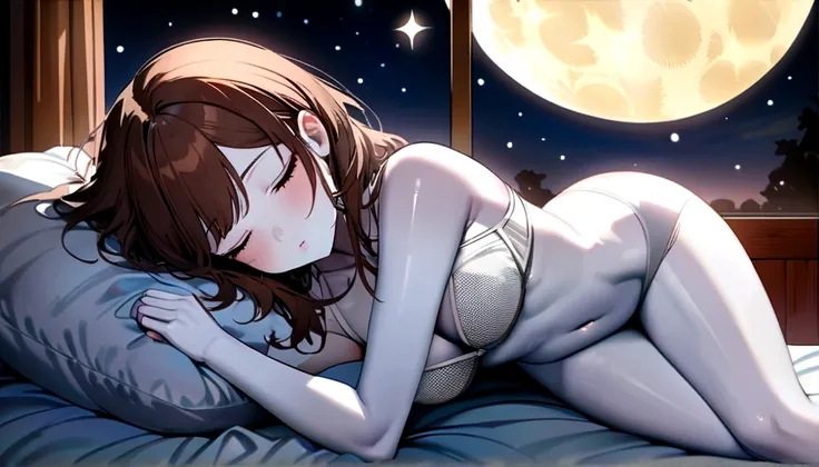 high quality,8k Ultra, delicate lightstar, shining at night,  A dreamy and ethereal image of a woman sleeping under the stars, Bed, window, mesh bra, White  bra, Brown hair, skyblue Color Moon, the whole body, korean woman,White skin color,