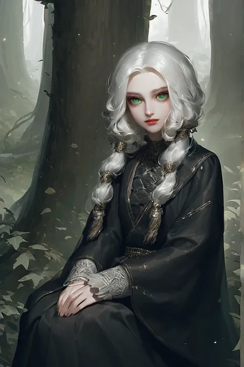 ((Лучшее качество)), ((шедевр)), (подробный), Slavic girl, with white hair, green eyes, in the forest