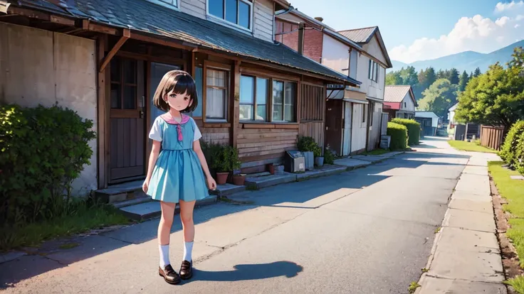 8-year-old girl standing in a rural town, A fusion of 1950s and 1960s aesthetics, 