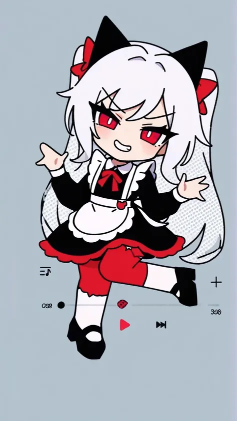 masterpiece, best quality,   1girl, chibi,solo,full body, cat ears, white hair,long hair,bangs,red eyes,maid,grin,