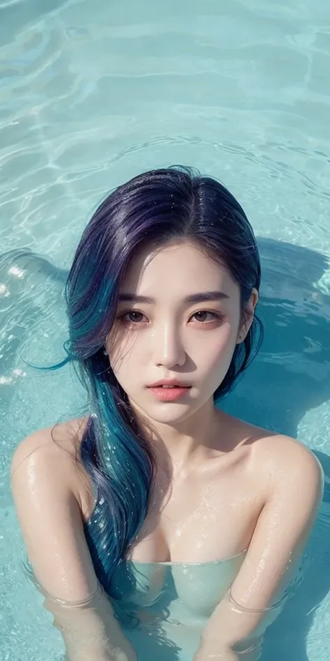 1girl, female water spirit, water-colored hair, spring water inside, a few drops of water on the skin,