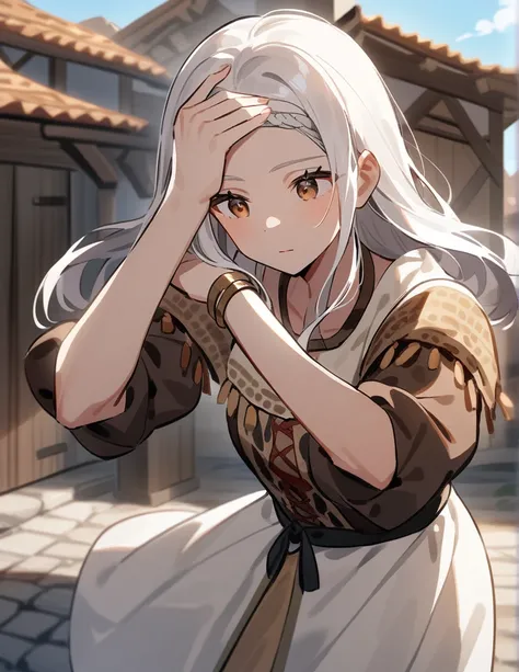 Greek woman with long white hair and brown eyes, in peasant clothes, with her hand on her forehead sighing with relief in a small village