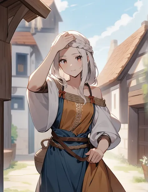 Greek woman with long white hair and brown eyes, in peasant clothes, with her hand on her forehead sighing with relief in a small village