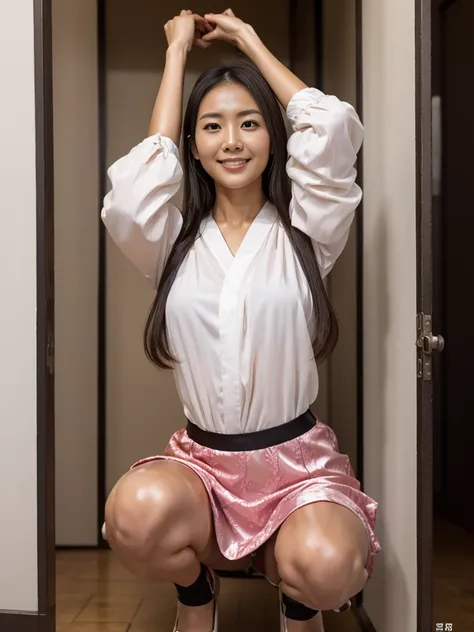 A japanese Lady,masutepiece, High quality, UHD 32K,Live-action adaptation,Muscular realistic face,gigantic breasts, Realistic skin feeling,28 years old,solo,muscular,shiny tight satin patterned shirt,tight skirt,viewer,frontal photography,in the dark locke...