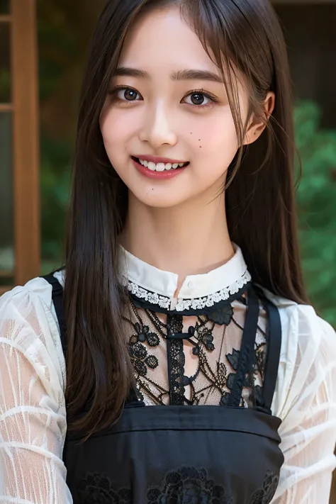 Ultra-high resolution,big eyes,((brown eyes)),Japanese,(forehead),(a girl),(1 girl),((17 years old)),(cute),pretty,((facing at viewer)),arms behind back,grin,(((black lace clothes)))