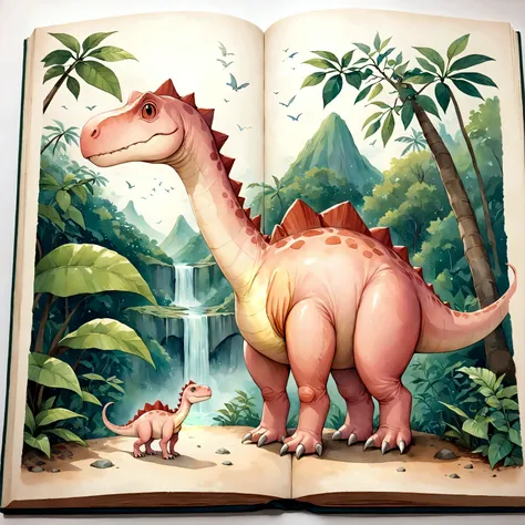 Fixes,An illustration,pink dinosaur,Jurassic background,dinosaur world,Rich in nature,cute illustration,surreal,artwork,Expressively,This is an illustration that looks like a picture book illustration.,draw with thick lines,Please draw with a gentle touch,...