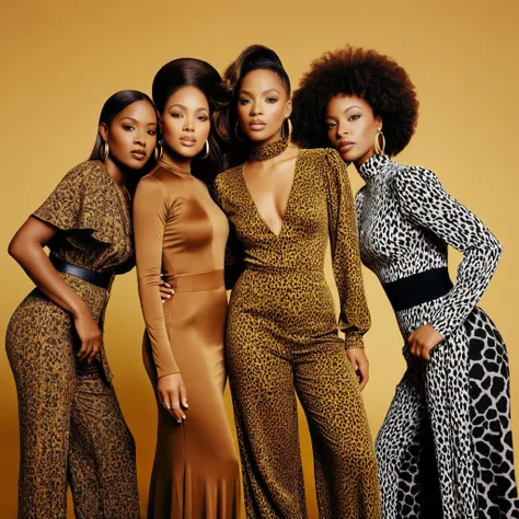 1997 R&B album artwork photography, a band of 3 african american women, Each member is dressed in a stylish, 1990s-inspired outfit that reflects their individual personalities. One member is wearing a fitted, long-sleeved dress with a high neckline and a f...