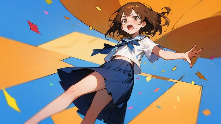 ((Highest quality)), ((masterpiece)), ((Very detailed)),Floatingする女の子,Angry expression，floating，Floating，Confetti，Brown Hair,tears,Levitating,Blue sky background,Feet in the air,tears,gravity,Long skirt