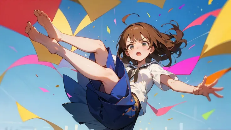 ((Highest quality)), ((masterpiece)), ((Very detailed)),Floatingする女の子,Angry expression，floating，Floating，Confetti，Brown Hair,tears,Levitating,Blue sky background,Feet in the air,tears,gravity,Long skirt