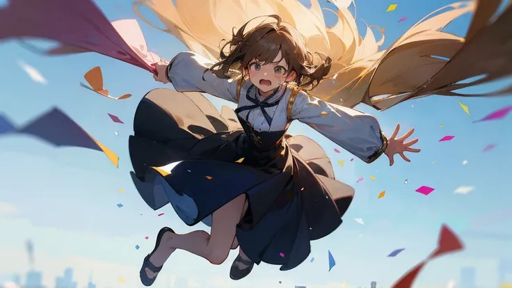 ((Highest quality)), ((masterpiece)), ((Very detailed)),Floatingする女の子,Angry expression，floating，Floating，Confetti，Brown Hair,tears,Levitating,Blue sky background,Feet in the air,tears,gravity,Long skirt