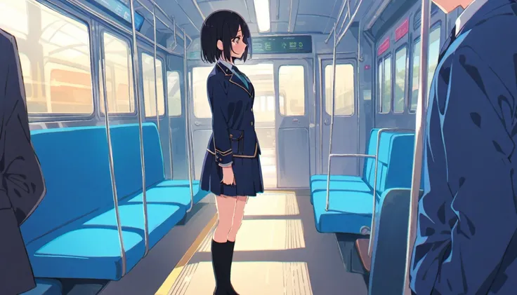 A middle-aged molester is touching the lower body of a crying girl with short black hair and small breasts, wearing a blazer and uniform, who is standing upright on a train.、From head to toe